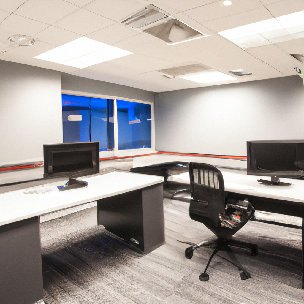 Generated photo of a minimalist Canadian newsroom with glass desks and soft lighting